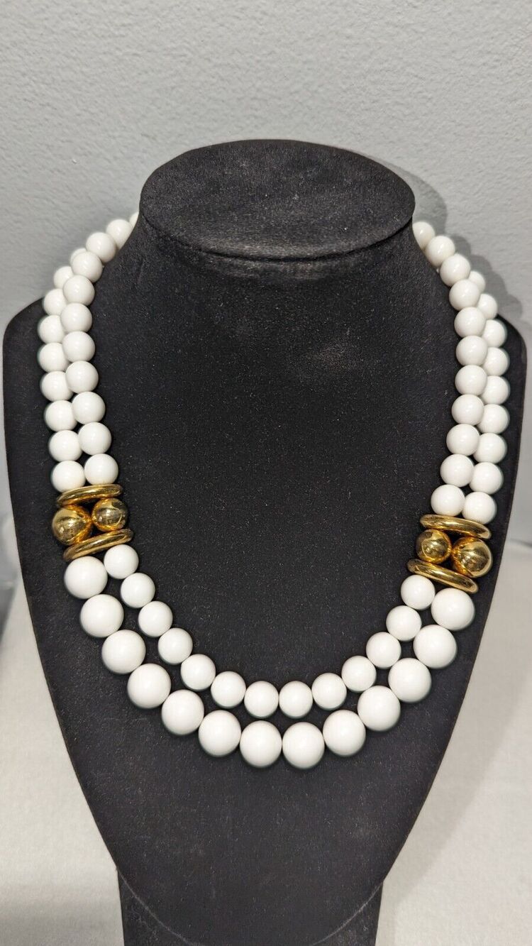 Vintage Napier Double Strand White Bead with Gold Tone Bead Necklace
